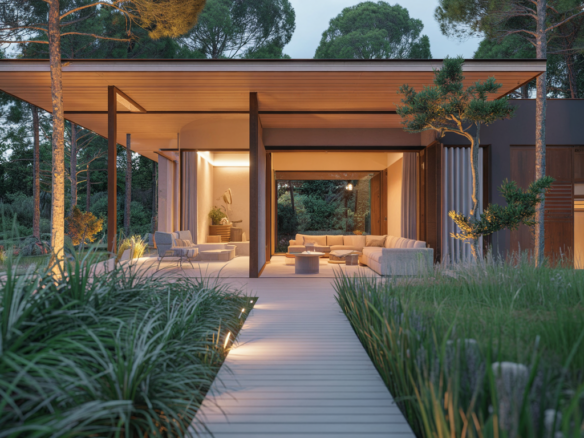 Fachada de villa de lujo sostenible con arquitectura bioclimática integrada en la naturaleza y paneles solares invisibles
