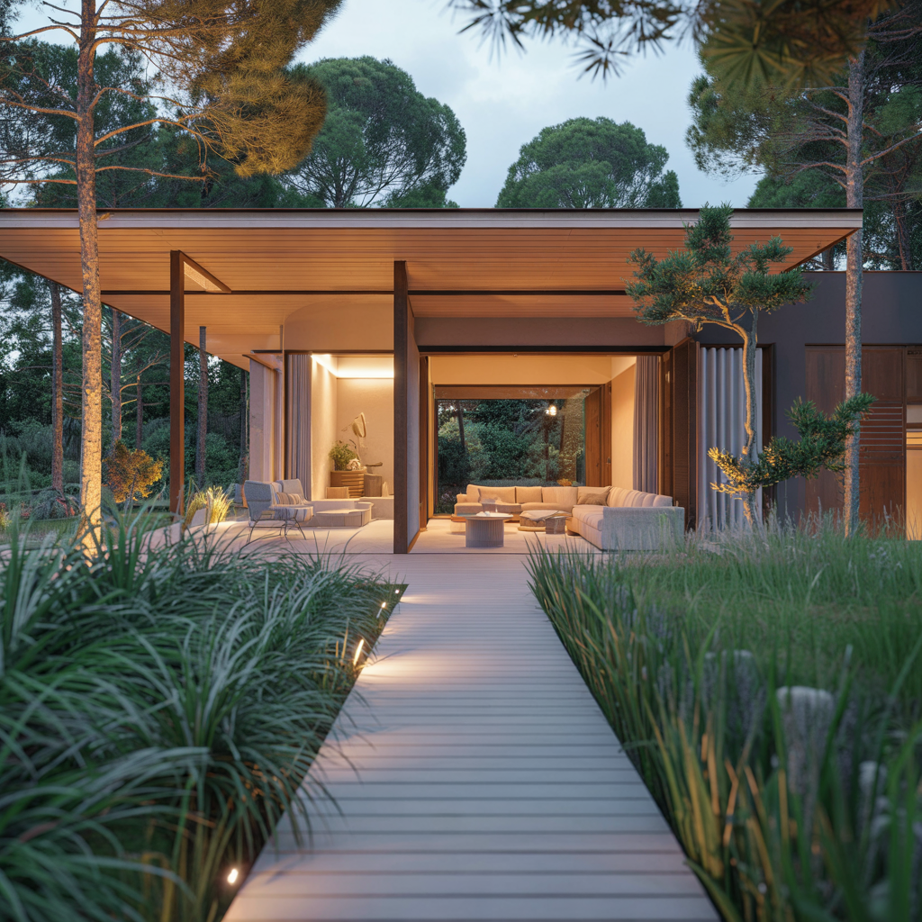 Fachada de villa de lujo sostenible con arquitectura bioclimática integrada en la naturaleza y paneles solares invisibles