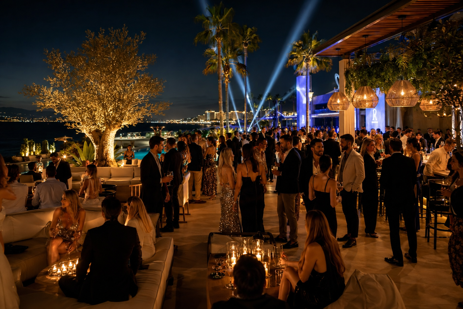 Ambiente nocturno exclusivo en un beach club de lujo frente al mar en la costa española, con invitados elegantes, palmeras e iluminación cálida, representando el estilo de vida Prime